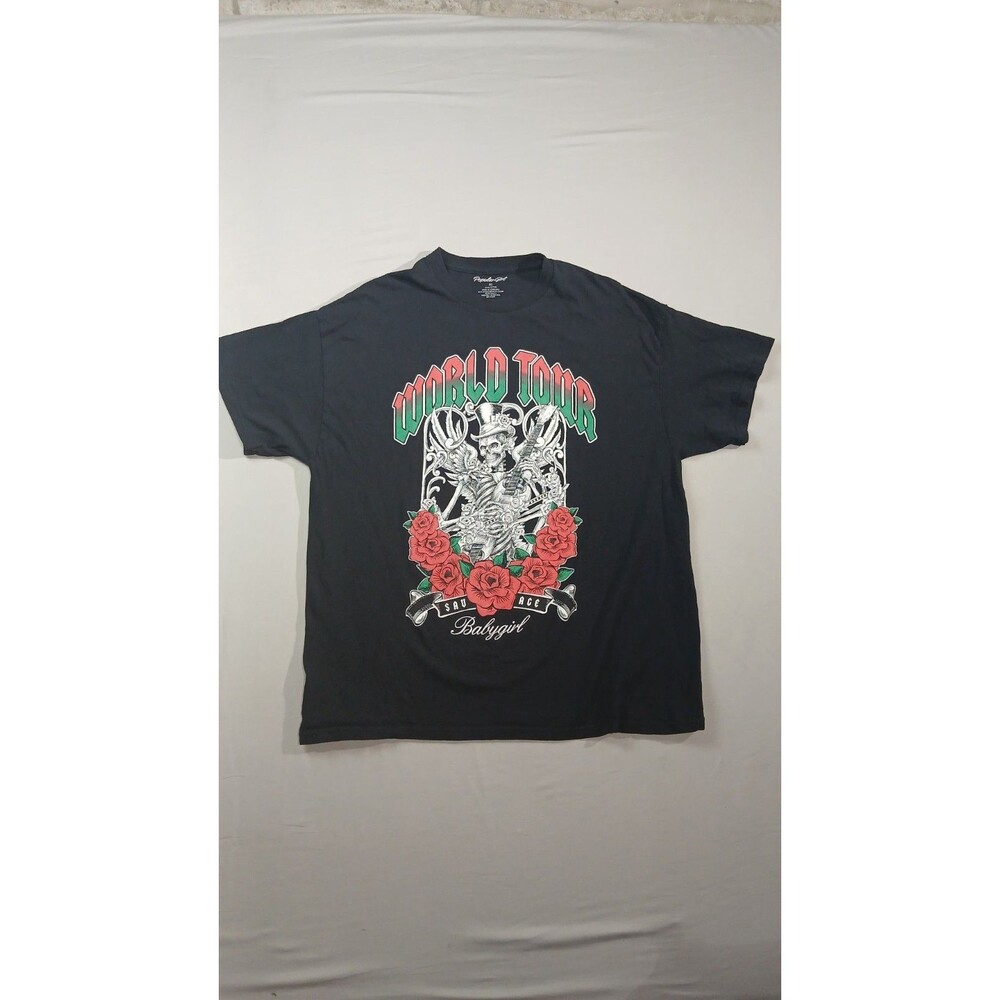Popular Girl World Tour Skeleton Guitar Roses Cutout Back T Shirt Womens XL Rock